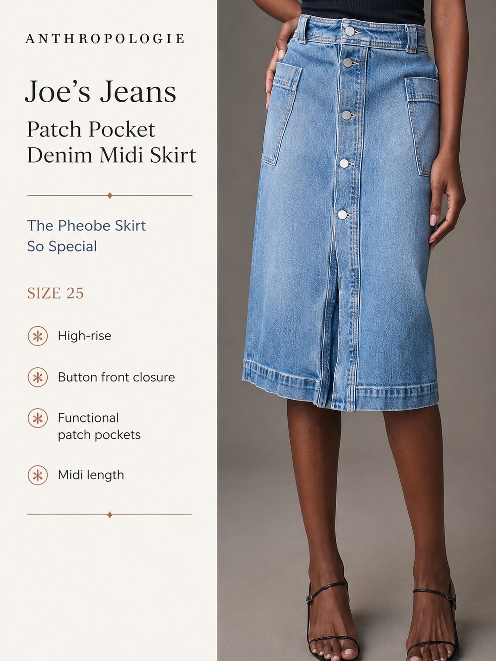 Anthropologie Joe’s Jeans Patch Pocket Denim Midi Skirt Size 25